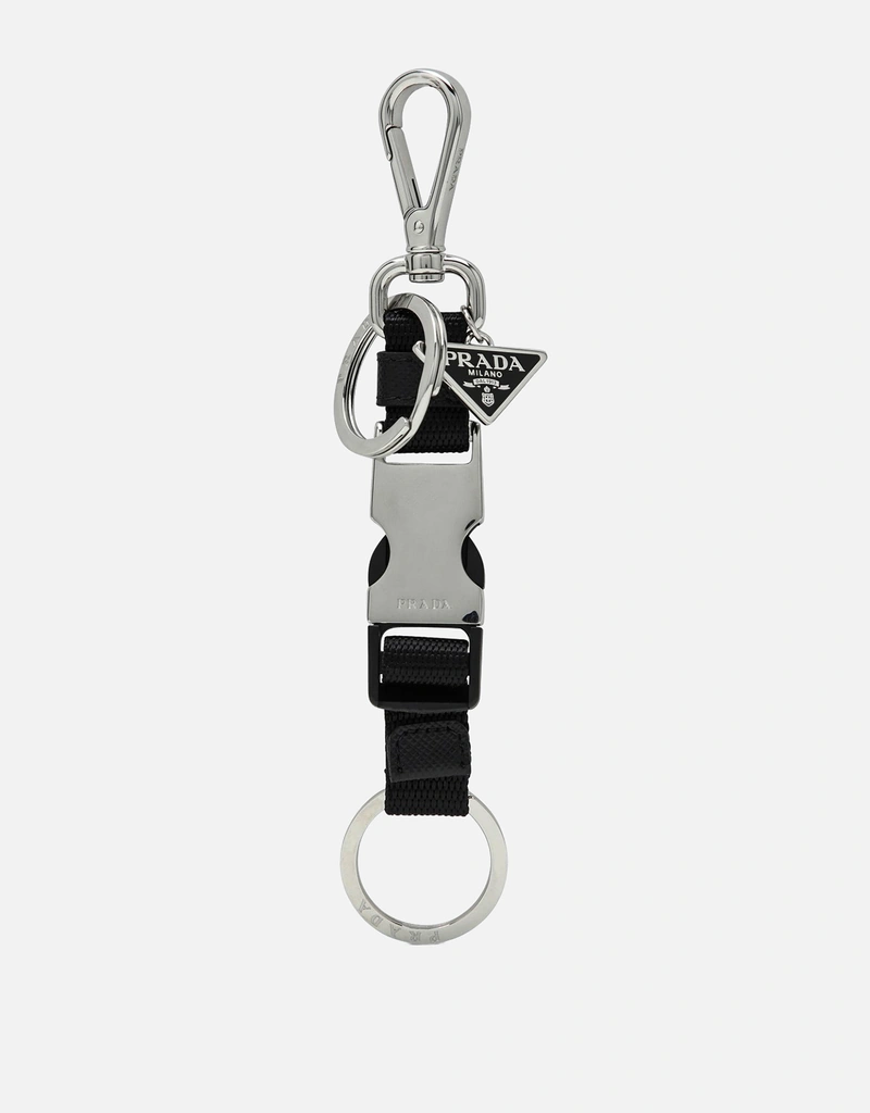 Prada メンズブラックナイロンキーリングスナップバックル付き