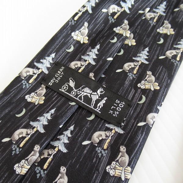 HERMES（エルメス） #anzt ネクタイ 黒 グレー シルク 総柄 ビーバー