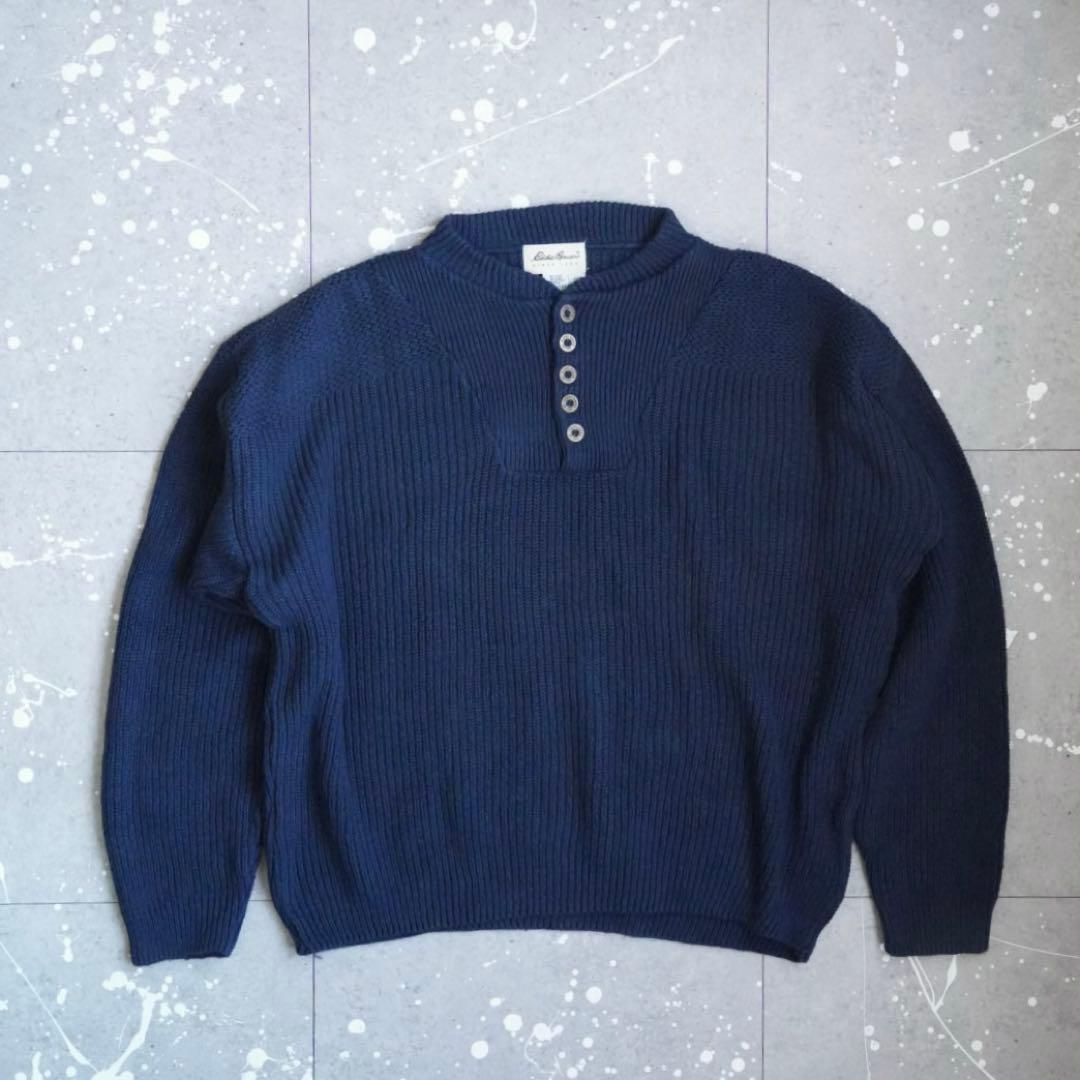 Eddie Bauer ネイビー ヘンリーネックニット XL アメリカ製 90s USA製 EddieBauerエディーバウアー 無地 ヘンリーネック コットン