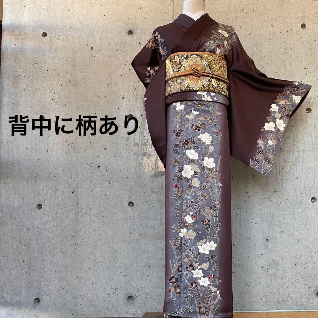 正絹　訪問着　ガード　背中に柄あり　金駒　くすみ紫系　袷 仕立て上がり 訪問着 単品 桂由美 「鴇鼠色 山霞に花紋」 正絹 着物