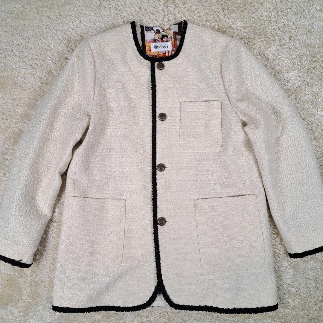 極美品　＆ellecy　ツイード　ノーカラー　ジャケット　銀ボタン GIOLICAツイード ノーカラー ボタン ジャケット（ノーカラージャケット