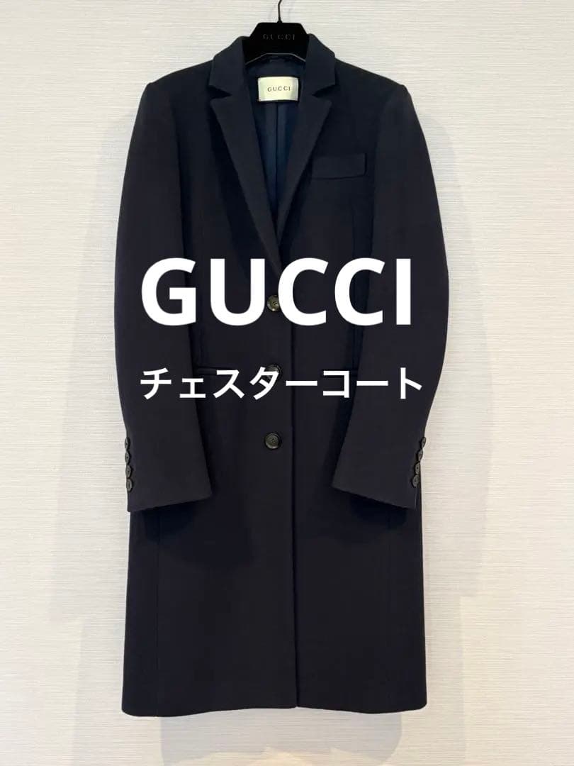 GUCCI グッチ　チェスターコート　ネイビー GUCCI（グッチ） 良品▽GUCCI 661210 ウール90% ヘリンボーン柄 ロゴ