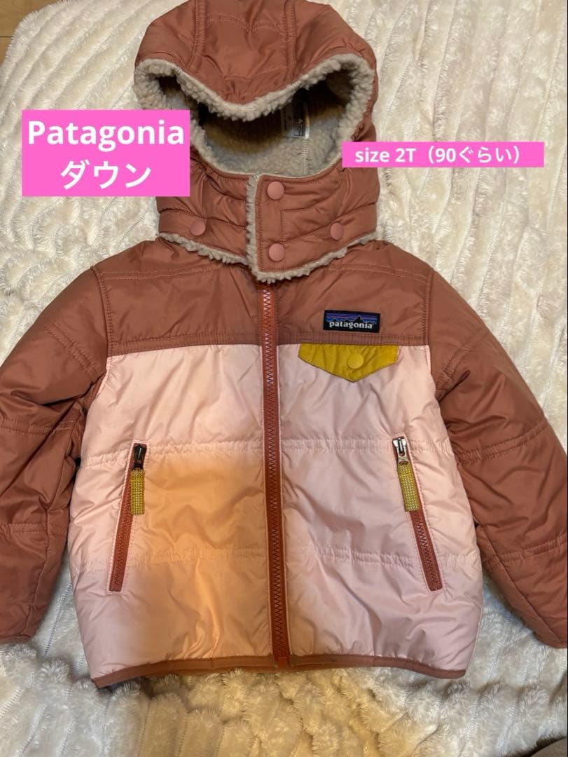 Patagonia フード付き中綿コート 2T ピンク フード付きバックリボン中わたロングコート(90~140cm)(90cm ピンク